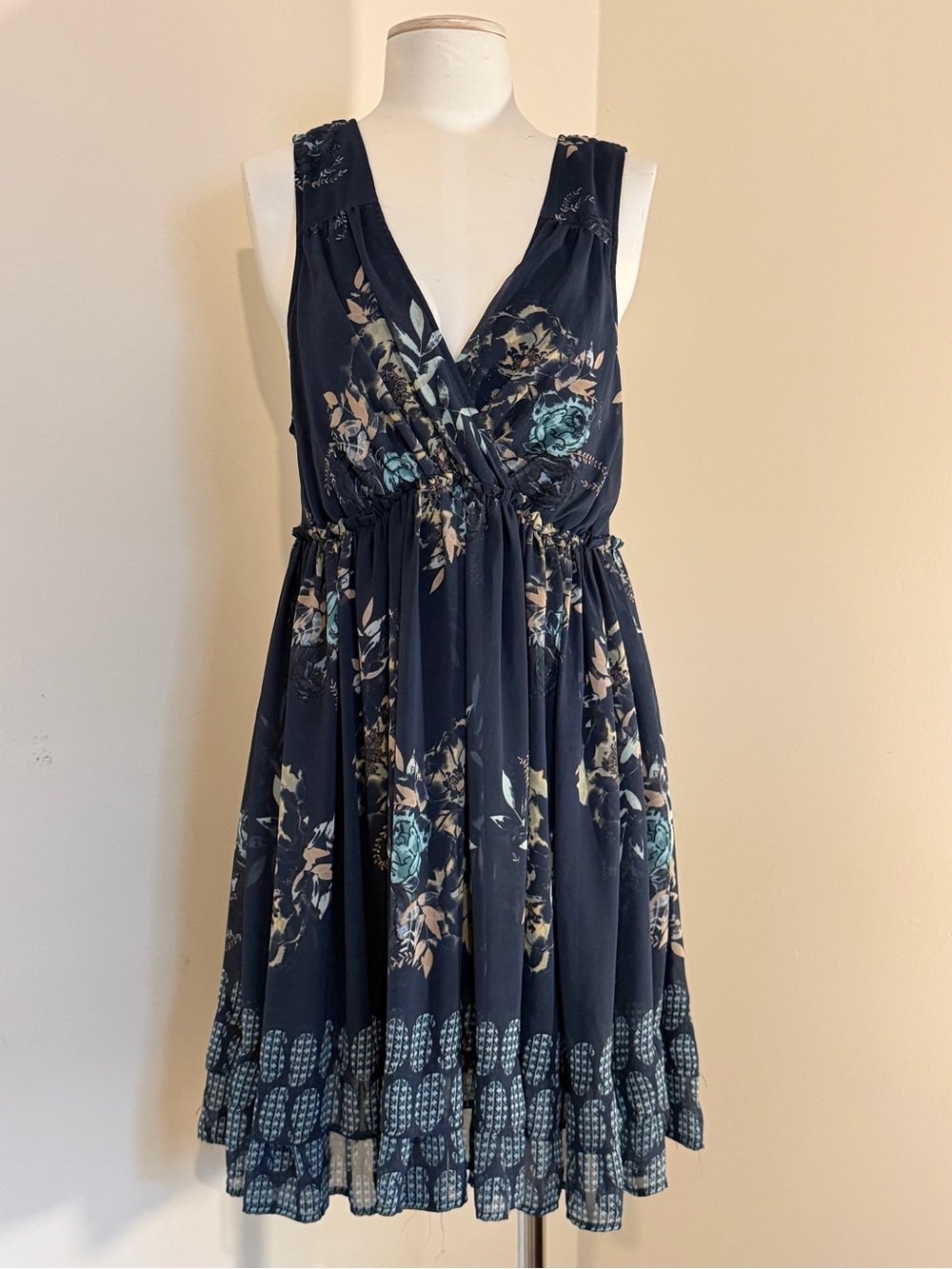 Free People Navy Floral V-Neck Midi Dress with Teal Accents